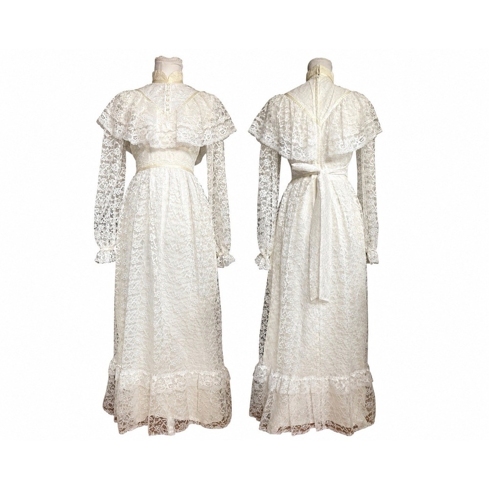 Vintage 1970s Union Made Lace Ivory Bridal Wedding Dress Cottagecore XS Prairie
